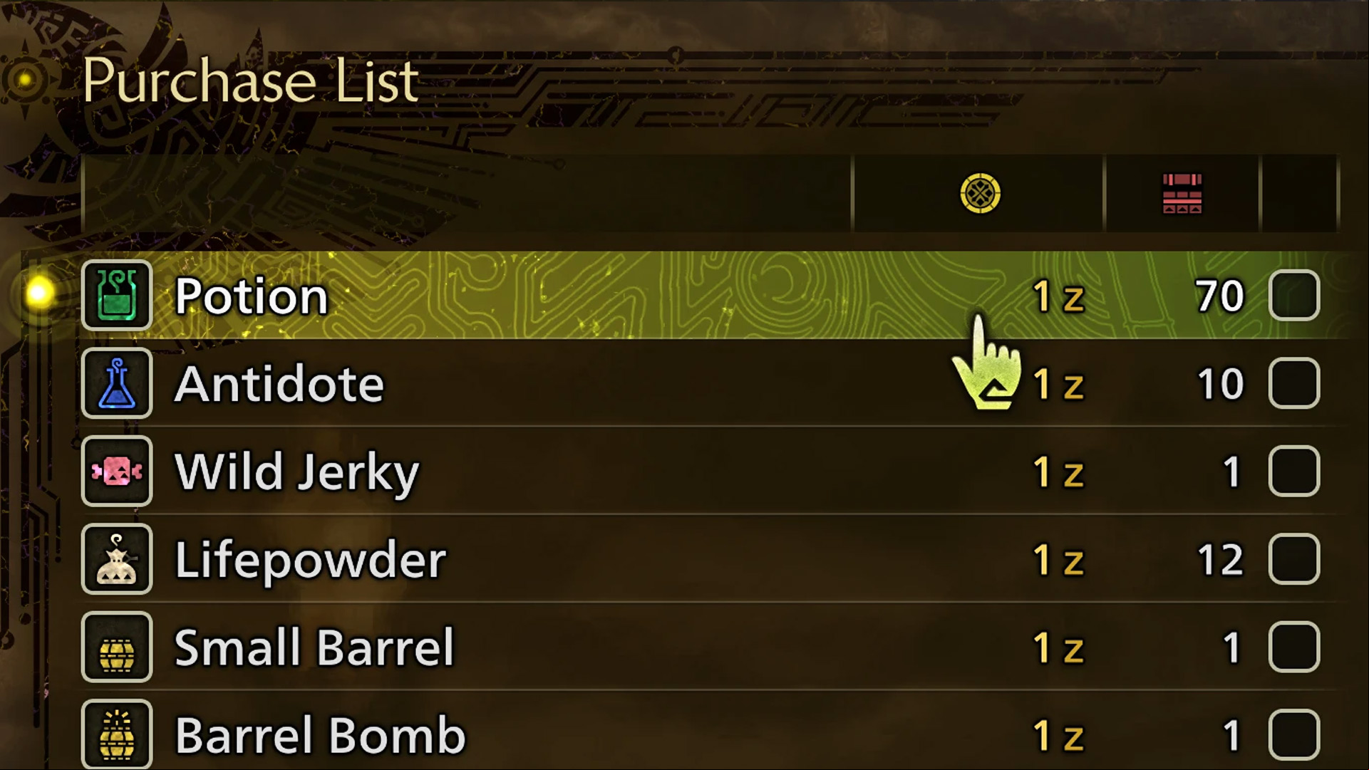 Best Monster Hunter Wilds mods: the shop UI with all buy prices tweaked to one Zenny
