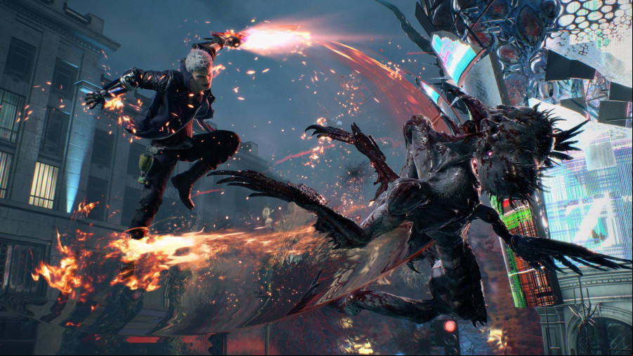 Devil May Cry 5: Dante from DMC hacks at a demonic enemy with a sword
