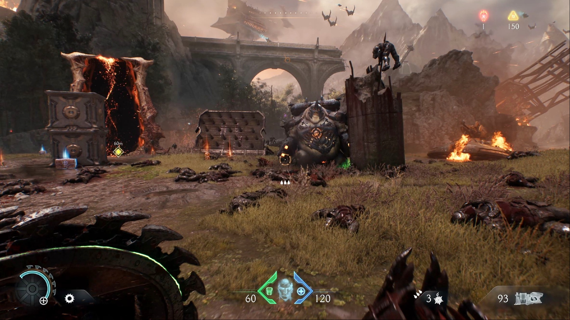 Doom The Dark Ages: A first-person screenshot of a destroyed battlefield with various UI elements layered over the top