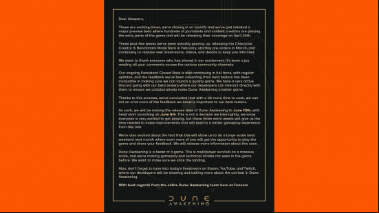 Dune Awakening release date: a statement from Funcom delaying the game