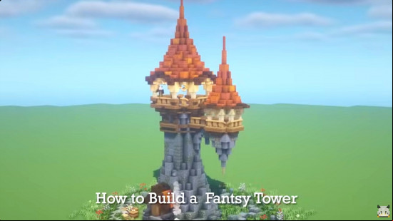 A cute fantasy Minecraft tower with a pointed orange roof.