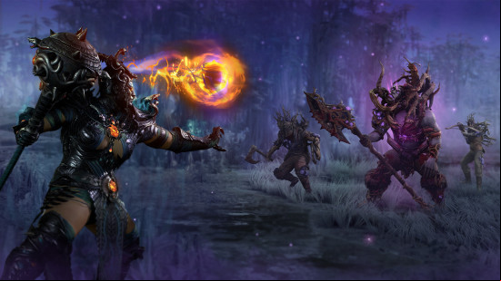 Diablo 4 Season 7 keyart with multiple warriors fighting one another in a purple forest.