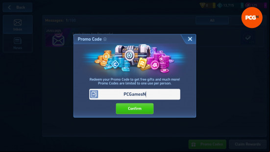 The Mech Arena promo codes redemption box in-game.