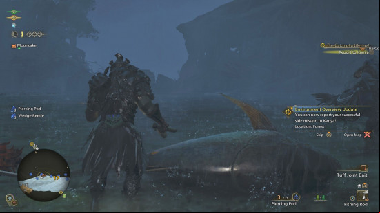 Monster Hunter Wilds fish: a heavily armored man stands in the rain looking a thte huge fish he caught.