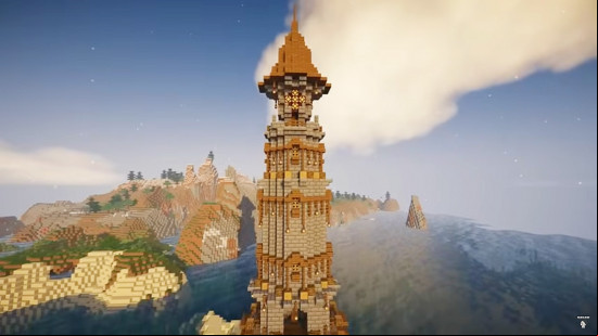 Minecraft towers: A tall medieval lighthouse made of wood and stone.