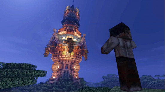  A large Minecraft tower lights up the night.