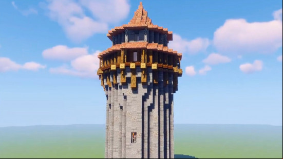A large, round, detailed Minecraft watch tower.