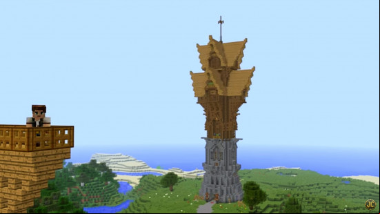 A four-sided fantasy medieval Minecraft tower built of wood and stone.
