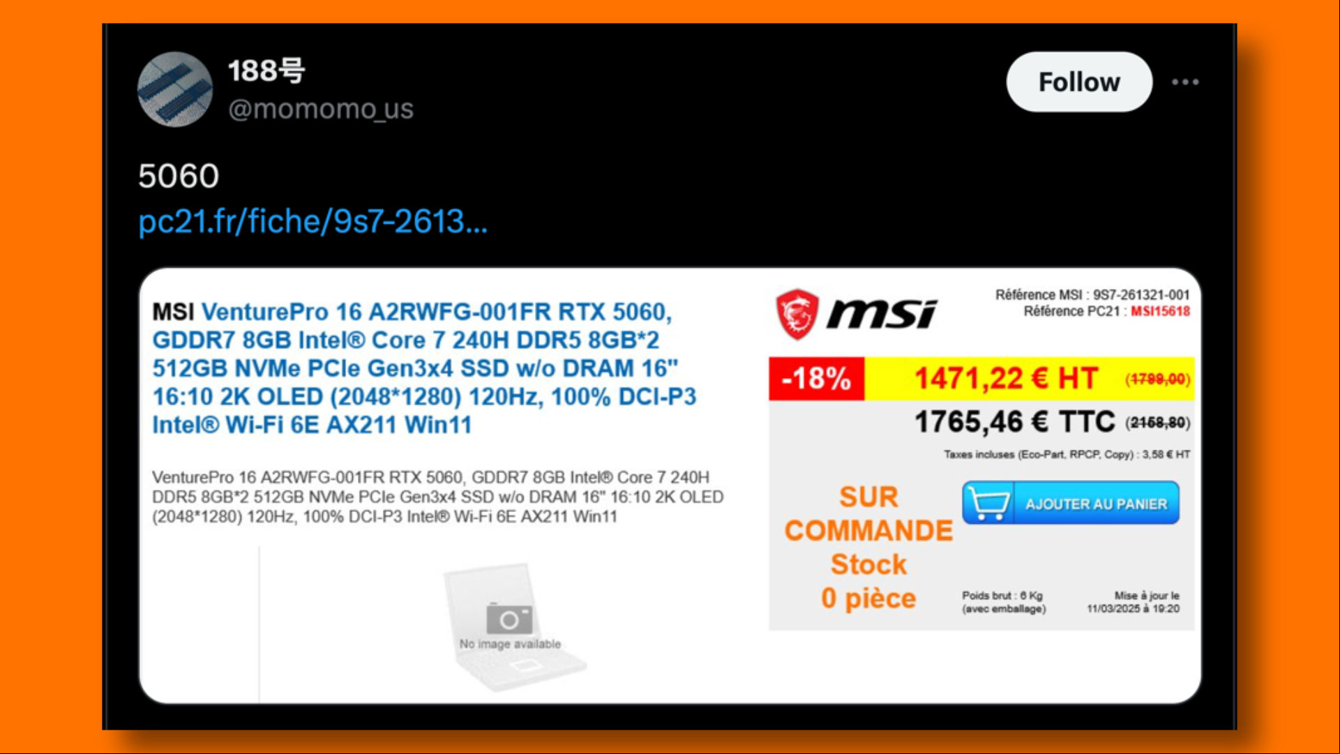 momomo_us X post showing leaked RTX 5060 laptop retail page