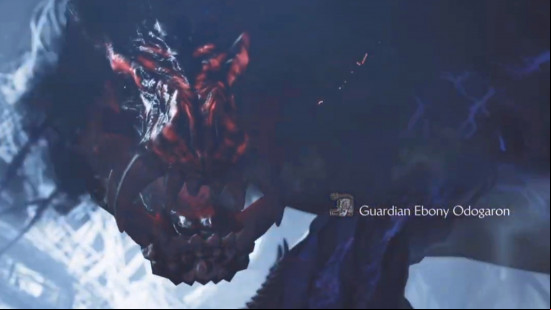 The Guardian Ebony Odogaron snarls at the player in one of the Monster Hunter Wilds main quests.