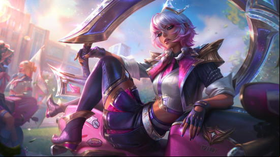LoL Mythic shop: a school student weaing bright purple and white leans back on a motorcycle.