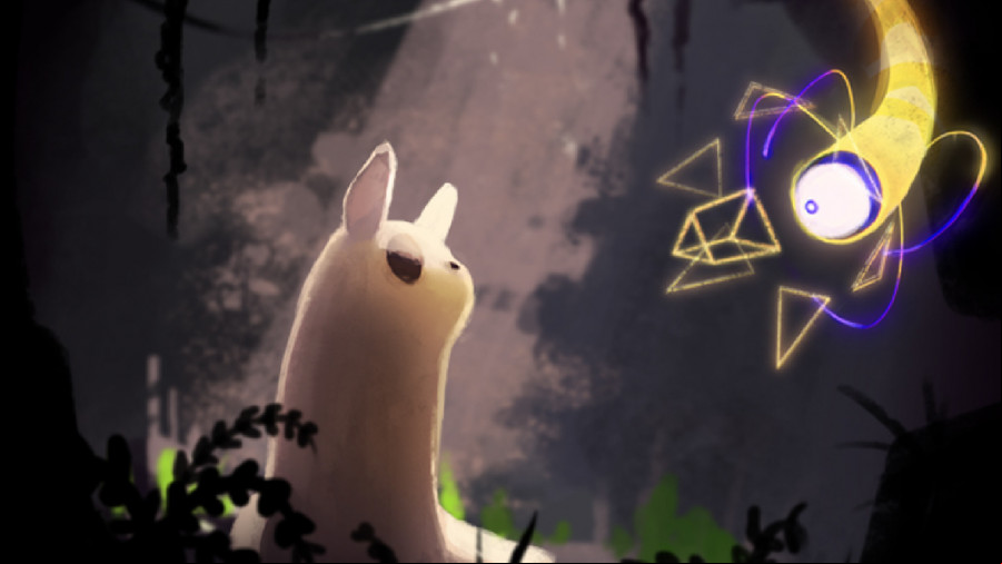 Rain World - A white Slugcat stares at a mono-eyed creature.