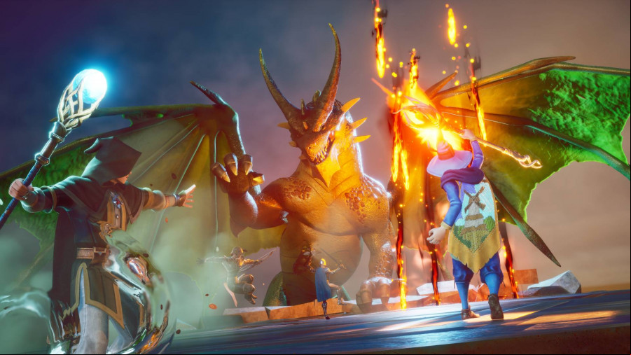 RuneScape Dragonwilds: A group of heroes fight a huge fire-breathing dragon