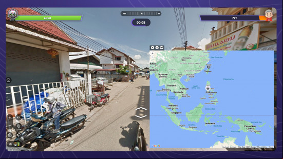 GeoGuessr game with random location in google street view in background and a map on top.