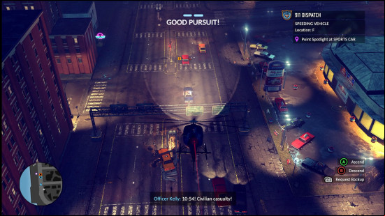 A helicopter flying over a street in The Precinct.