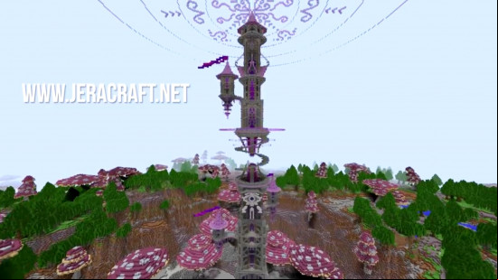 A stone and purple Minecraft tower reaches to the highest build point, topped with a beautiful winding glass pattern.