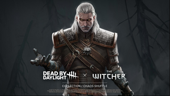 A promotional image for the DBD The Witcher collaboration, featuring a Geralt skin and text confirming a themed Chaos Shuffle mode.