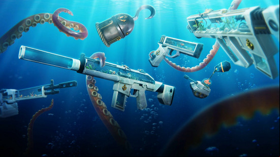 Valorant skins: an aquatic-themed bundle featuring multiple guns surrounded by octopus tentacles and even a hook hand