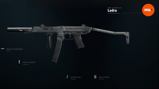 Best Warzone loadouts: a small submachine gun with a suppressor attachment on a black background.