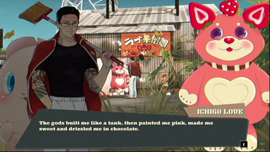A man and a giant cat character talking in Promise Mascot Agency.