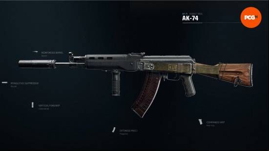 Best AK-74 loadout: an assault rifle with a wooden stock on a black background. Each of the guns attachments are labeled and highlighted.