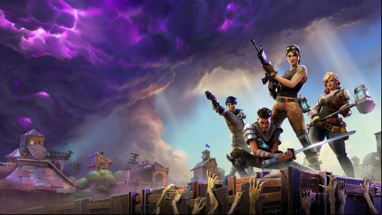 Best battle royale games: Fortnite. Image shows various characters from the game standing heroically on a battlefield.