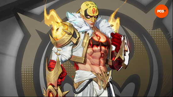 Best Marvel Rivals skins: Iron Fist's white and gold skin, with flames emitting from the shoulders
