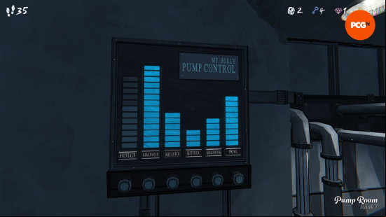 Blue Prince pump room: an electronic control  showing water levels across various locations.