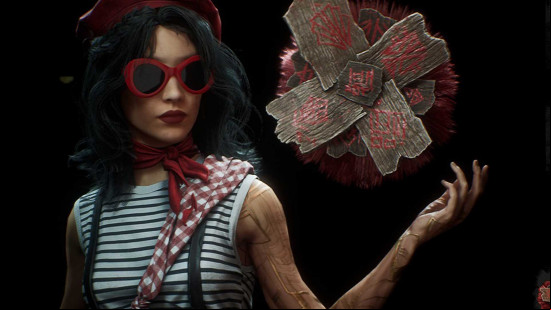 A character wearing sunglasses holding up a cross in Clair Obscur.