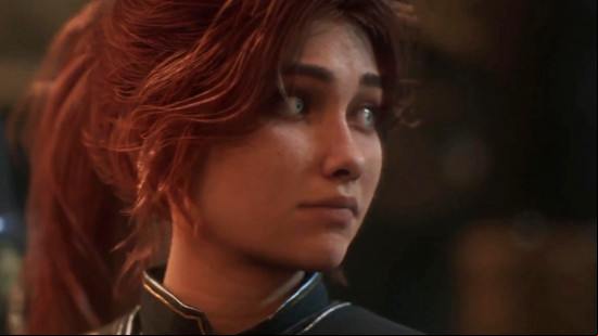 A character with red hair looking off screen in Clair Obscur.