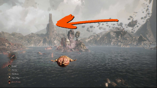 Flying over water in Expedition 33 with an arrow pointing towards a tower.