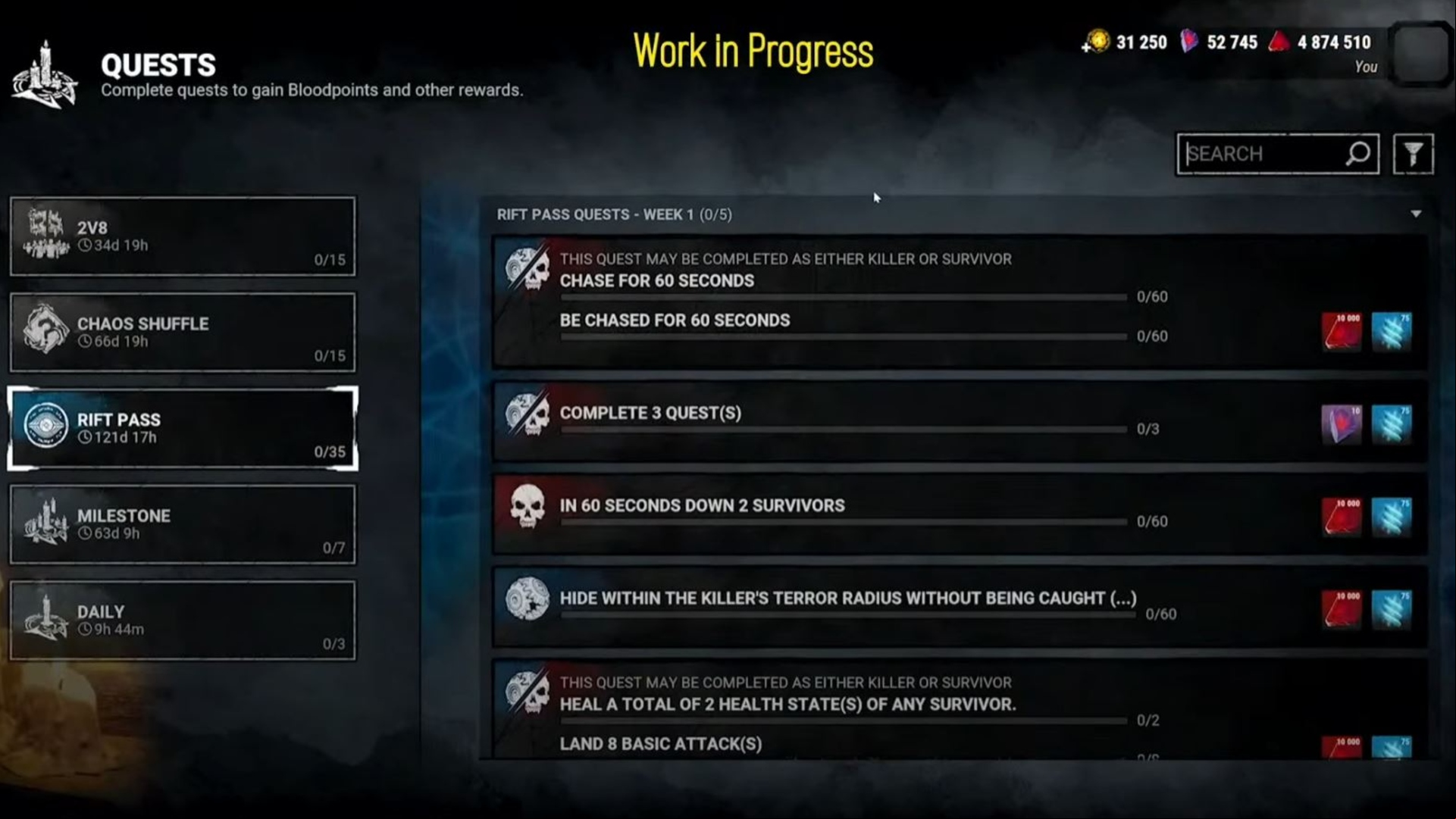 DBD: A screenshot of a Quest menu in Dead By Daylight