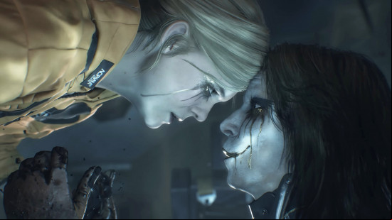 Death Stranding 2 news: a blonde woman presses her forehead to a man with long dark hair