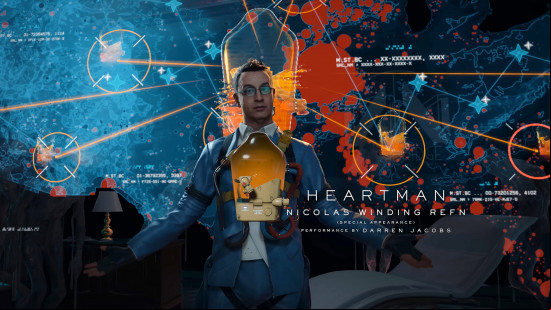 Death Stranding 2 voice actors: a bespectacled man wearing a blue suit, with an orange canister attached to his midriff