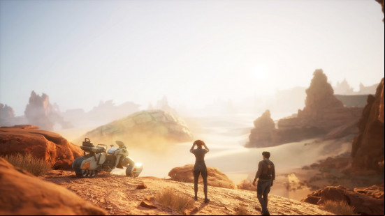 Dune Awakening cross-progression: a woman looking out into the desert as a man watches