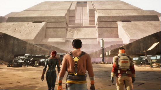 Dune Awakening private servers: a trio of characters walking towards a large stone structure