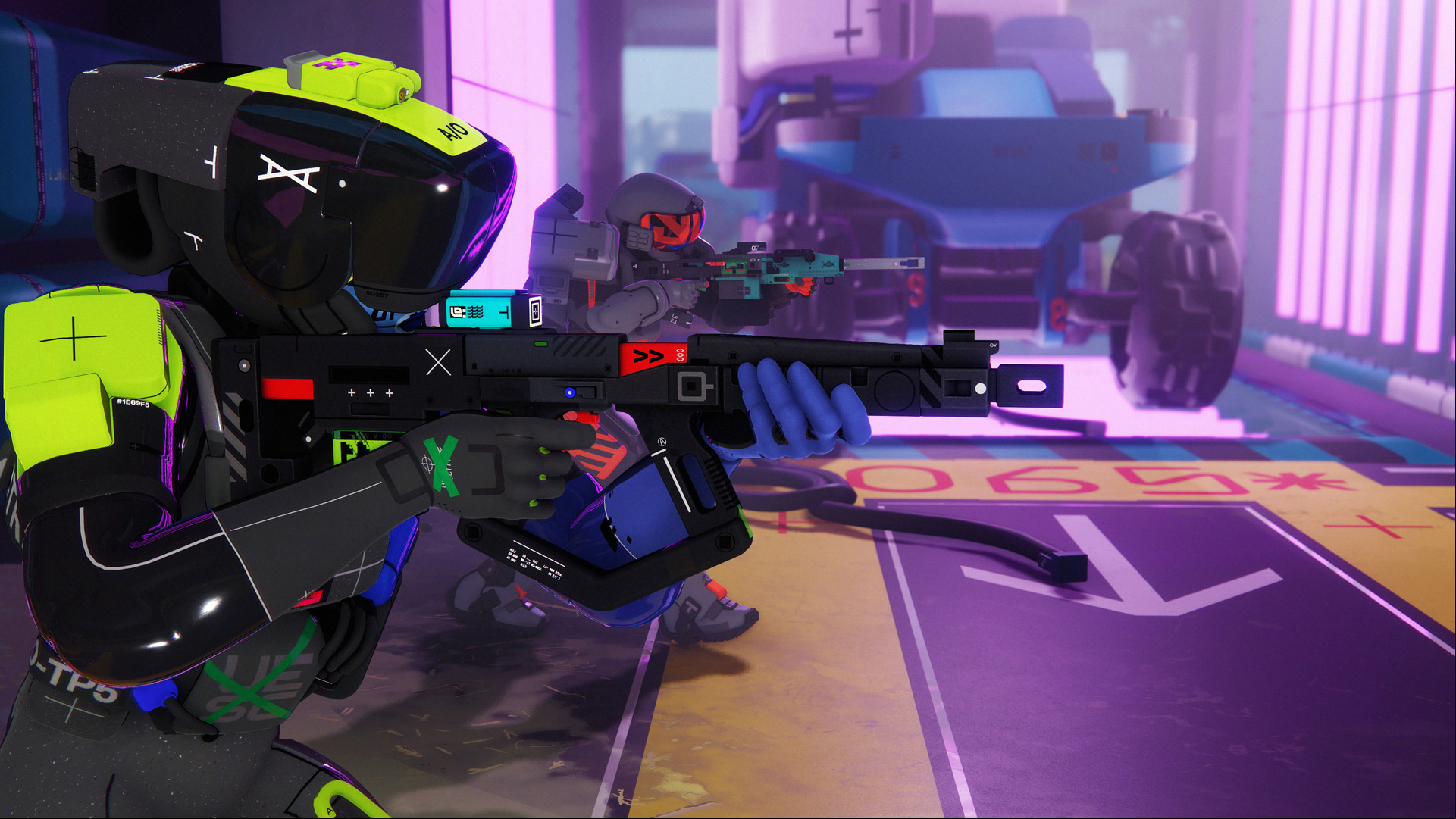 Marathon crossplay: a team of Runners taking aim with rifles