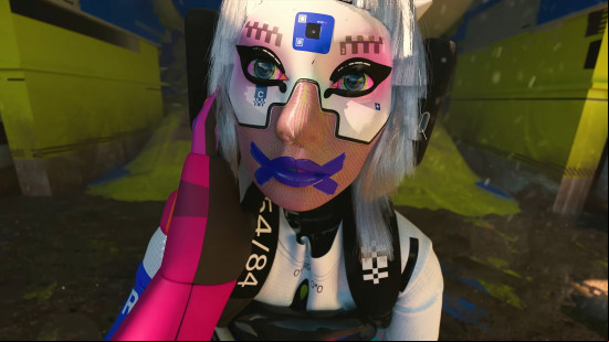 Marathon voice actors: the bright-eyed Glitch with matching white hair and attire