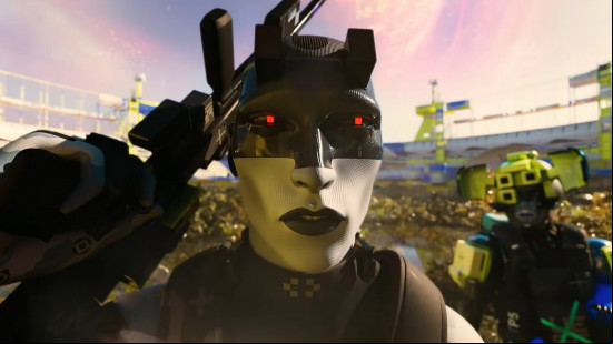 Marathon voice actors: the half-masked void with red eyes and black lip color