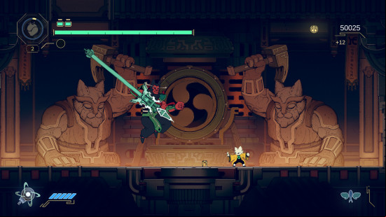 Protagonist Yi drops into a combat pose as a fearsome foe prepares to descend upon him in Nine Sols