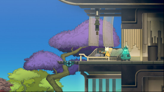Protagonist Yi relaxes on a balcony overlooking an idyllic view in Nine Sols.