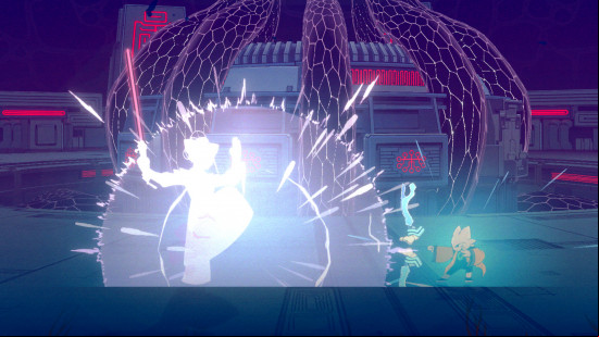Protagonist Yi stands his ground against a powerful foe charging up their power in Nine Sols.