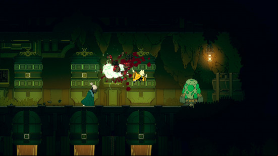 Protagonist Yi dashes through a foe, leaving a trail of bloody viscera in his wake in Nine Sols.