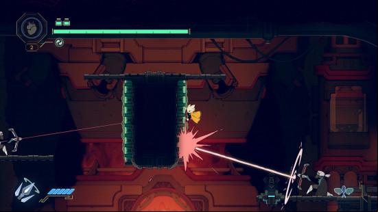 Protagonist Yi navigates a floating platform as two enemies on either side take aim in Nine Sols.