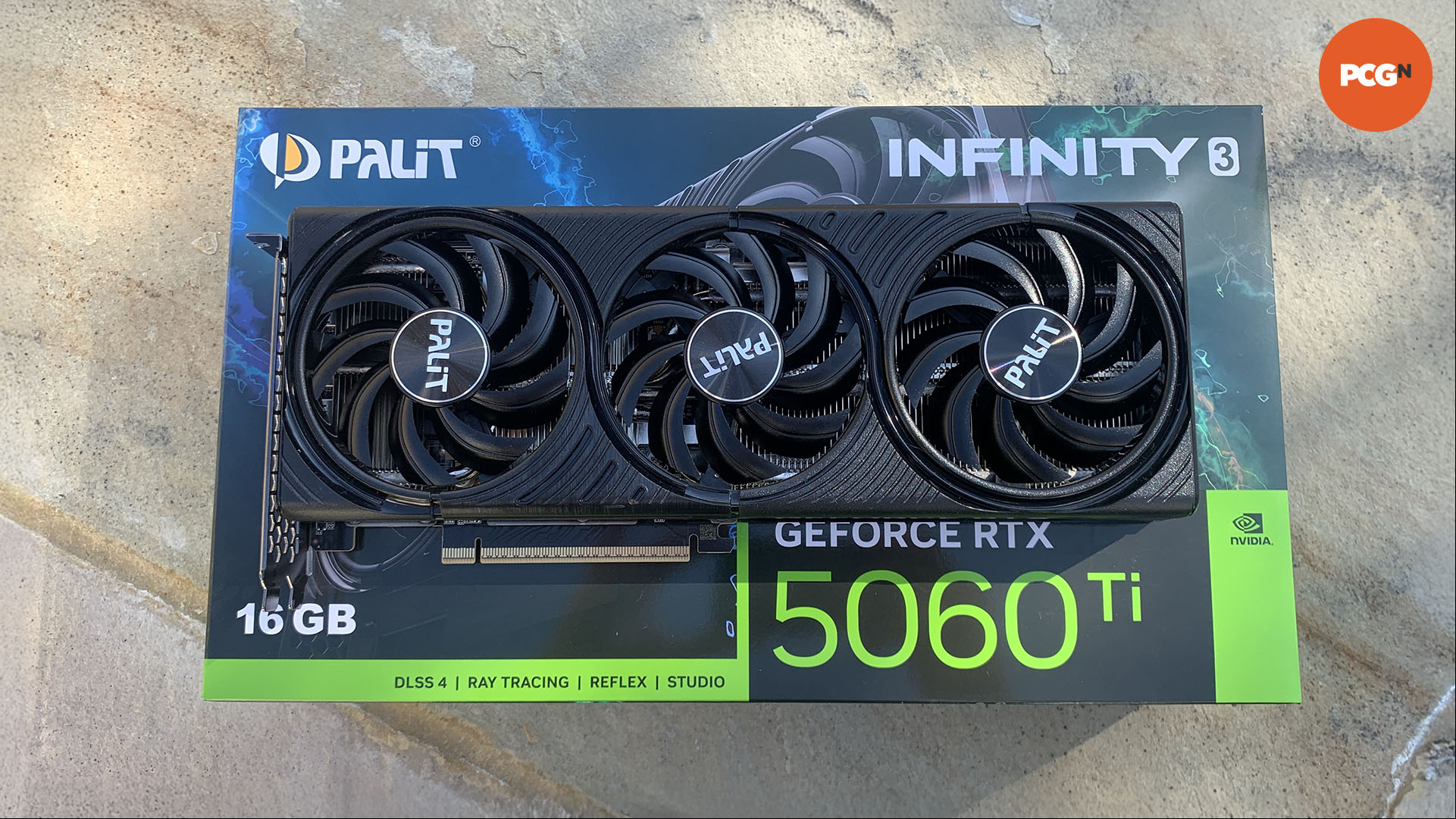 Nvidia GeForce RTX 5060 Ti review: 16GB Palit graphics card on box.