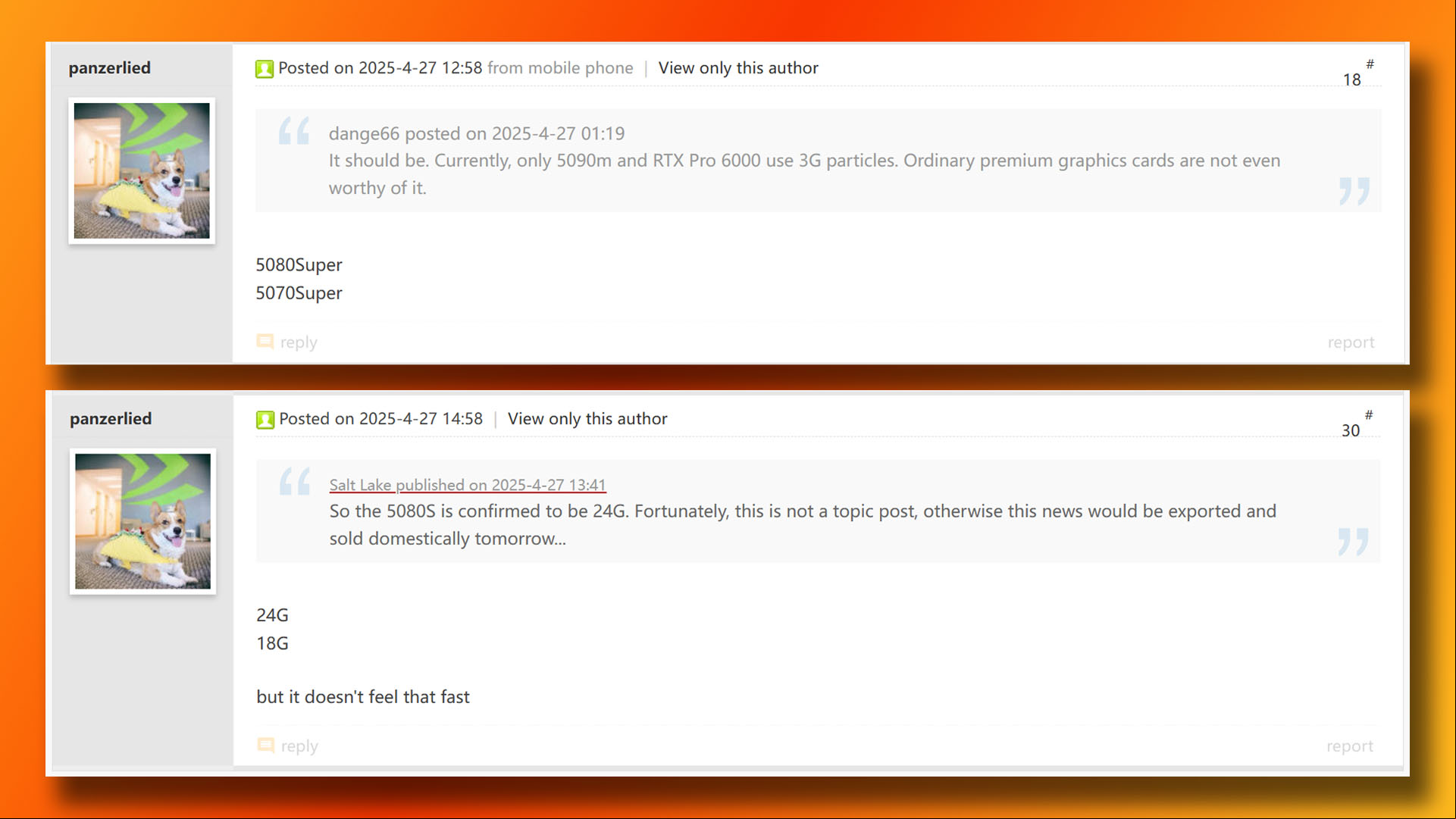 Nvidia GeForce RTX 5080 Super 24GB and 5070 Super 18GB rumor from panzerlied on the Chiphell forums.