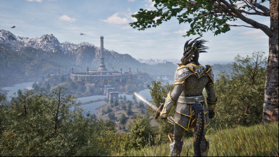 A character overlooking a city in Oblivion Remastered.