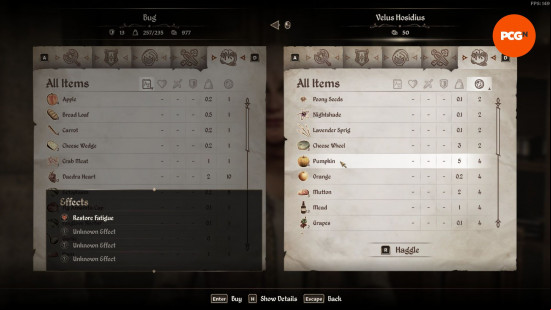 Make money in Oblivion: the inventory of a shop that sells various foodstuffs.