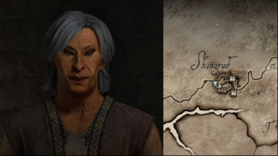A grey haired woman and an image of the Oblivion Remastered map.