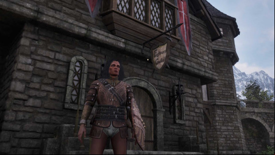 A character standing outside a stone building in Oblivion Remastered.